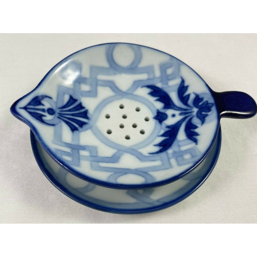 Bombay Blue White Tea Bag Holder Strainer w/Saucer Under Plate Vintage